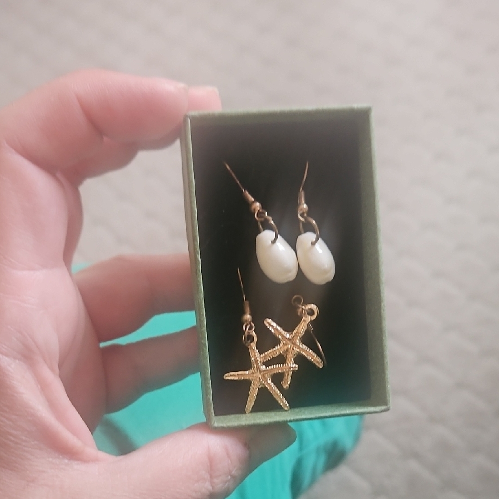 Gold and White Starfish Earrings